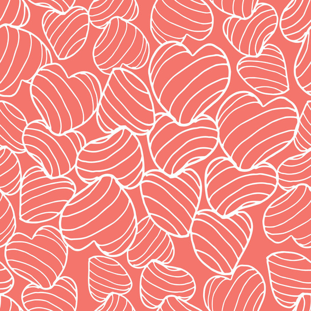 White line art bouncy striped hearts packed together on a bright coral background. Seamless vector pattern. Great for fabric, home decor, gift wrap, stationery, backdrops. - Vettoriali, immagini