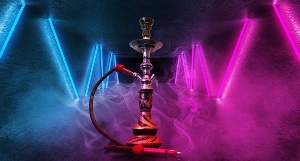 Smoking hookah on the background of an empty room. Multicolored neon light. Searchlight, laser blue and pink rays, smoke. - Photo, Image