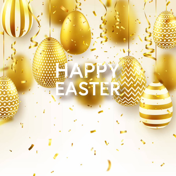 Easter golden egg with confetti and calligraphic lettering, greetings. Traditional spring holidays in April or March. Sunday. Eggs and gold. - Wektor, obraz