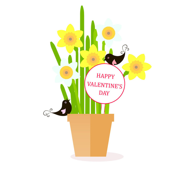 Feliz San Valentín. Narciso amarillo, hojas verdes, negro lovingbird marrón en marrón elemento de diseño de la olla vector de stock ilustración para la web, para imprimir, para tarjeta de felicitación
 - Vector, imagen