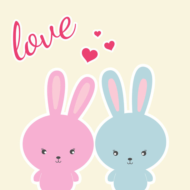 Colored two Rabbits on a white background and slogan love. Vector illustration drawn in flat style. Drawing can be applied to childrens t-shirts. - Vector, imagen