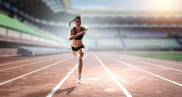 Sportswoman running race. Mixed media - Fotoğraf, Görsel