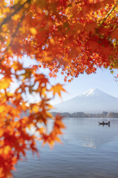 紅葉と秋の河口湖富士山 - 写真・画像
