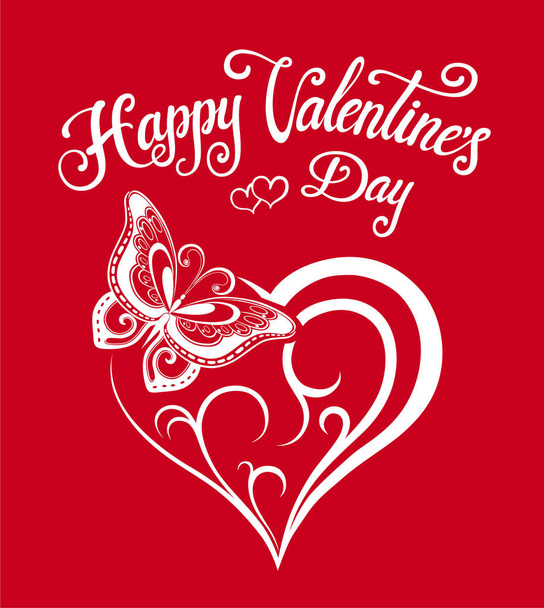 Happy Valentines Day greeting card with lettering decorative heart and butterfly illustrations. White vector letters for banners poster or greeting card on a red background. Calligraphic hand drawn font composition - Vector, Image