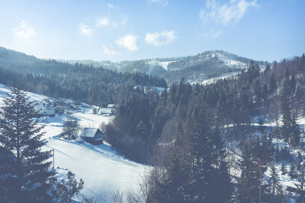 Winter scenery in Silesian Beskids mountains. View from above. Landscape photo captured with drone. Poland, Europe.  - Photo, Image