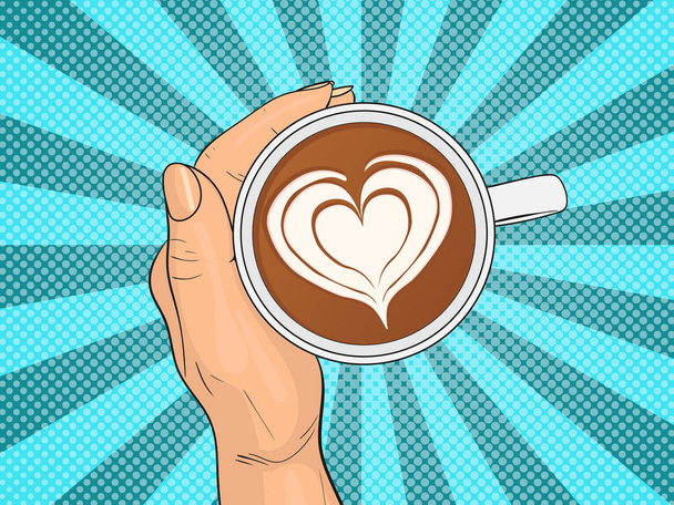 Hand holding cup of coffee. Pop Art vintage vector illustration - Vector, Image