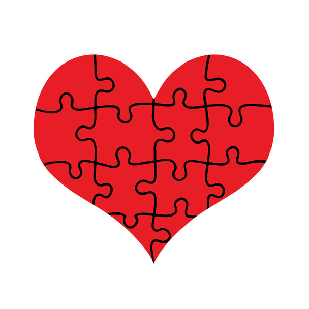 Rood hart geassembleerd van puzzelstukjes geïsoleerd op een witte achtergrond. Liefde, huwelijk, liefde. Platte ontwerp. Puzzel met alle stukjes samen vormen grote rode hart vorm. Illustratie. - Foto, afbeelding