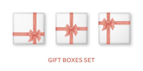 Cajas de regalo de color rosa pastel con cintas y lazos. Realista presenta aislado sobre fondo blanco
 - Vector, Imagen