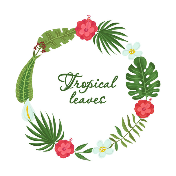 Bright wreath of colorful tropical leaves and flowers. Concept of the jungle for the design of invitations, greeting cards and wallpapers - Vector, imagen
