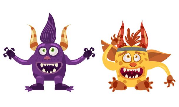 Troll Bigfoot és Imp aranyos vicces mese karakterek, érzelmek, rajzfilm stílusú, a könyvek, matricák, reklám, vektor, ábra, banner, elszigetelt - Vektor, kép