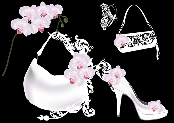 kabelky a boty v růžové orchideje květiny - Vektor, obrázek