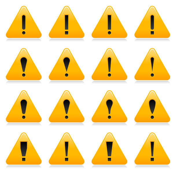 Segnale di avvertimento giallo con simbolo del punto esclamativo. Forma a triangolo arrotondato con riflesso di colore su sfondo bianco. 10 eps
 - Vettoriali, immagini