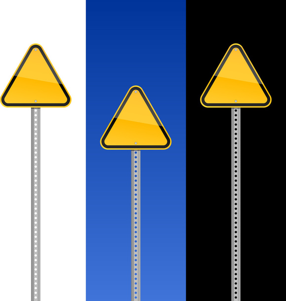 Panneaux d'avertissement jaunes de danger vides avec poteau métallique sur blanc, ciel bleu et noir
 - Vecteur, image