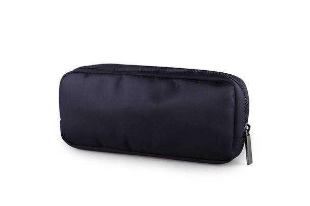 Black fabric cosmetic bag. Business Class amenity kit isolated on background - Photo, Image