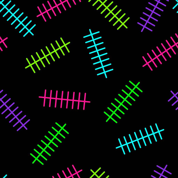 Speelse geometrische neon terugkeerpatroon. Vector naadloze patroonelement. Eenvoudige lijnshapes in neonkleuren op donkere achtergrond. - Vector, afbeelding