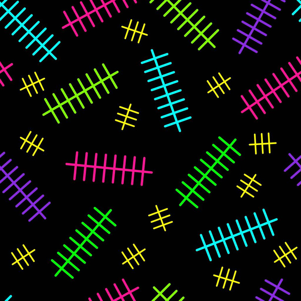 Patrón de repetición de neón geométrico juguetón. Vector azulejo patrón sin costura. Formas de línea simples en colores neón sobre fondo oscuro
.  - Vector, imagen