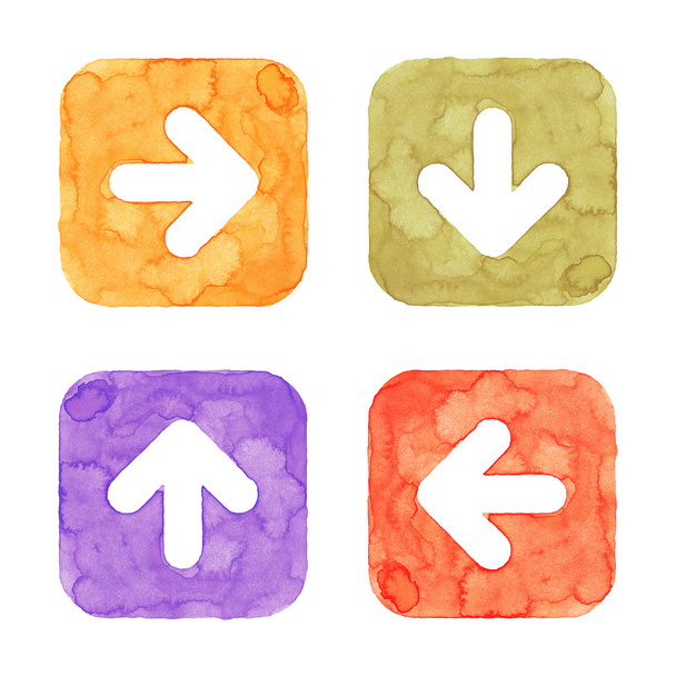 Icône flèche bouton avec signe. Orange, vert, violet, rouge forme carrée arrondie isolée sur fond blanc. Cette image créée dans la technique de l'aquarelle à la main. Élément de conception Web Interface utilisateur UI
 - Photo, image