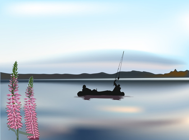ψαράς σιλουέτες σε μεγάλη λίμνη - Διάνυσμα, εικόνα