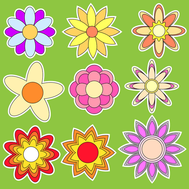 Colorful Flowers Collection over green background - Vector, Imagen