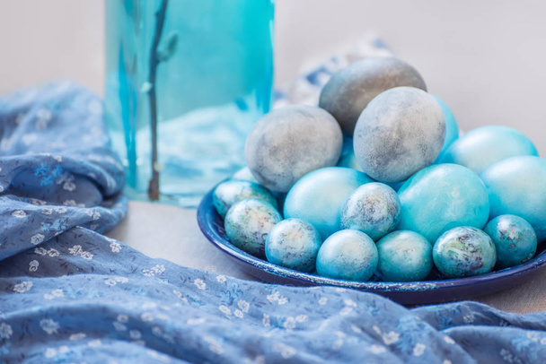 Traditional Easter dyed eggs  and willow branches  Easter celebration. - Foto, Bild