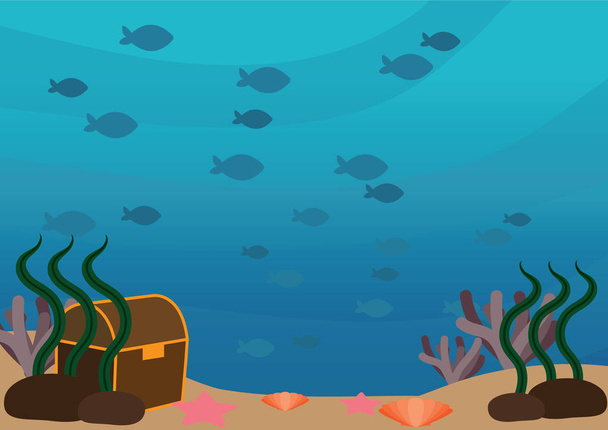 Underwater landscape with school of fishes and tresure box for background. - Вектор,изображение