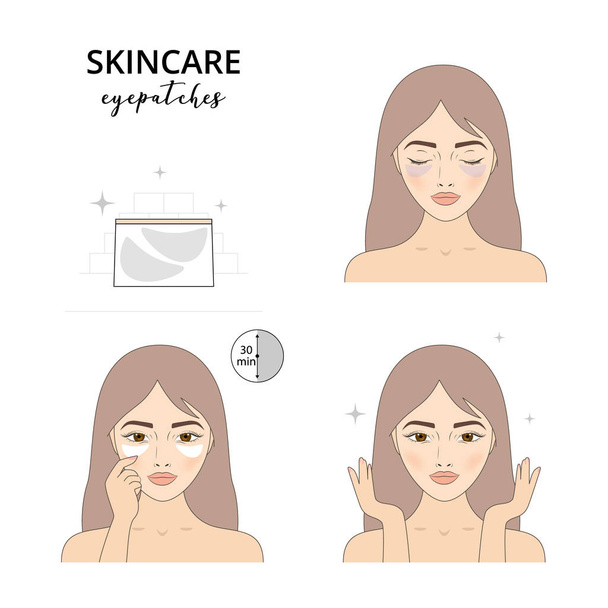 Beautiful woman take care about her face. Illustrated steps how to apply eye patches, dark circles under eyes. Isolated lined illustrations set. - Vector, Image