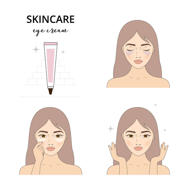 Beautiful woman take care about her face. Illustrated steps how to apply eye cream, dark circles under eyes. Isolated lined illustrations set. - Vector, Image