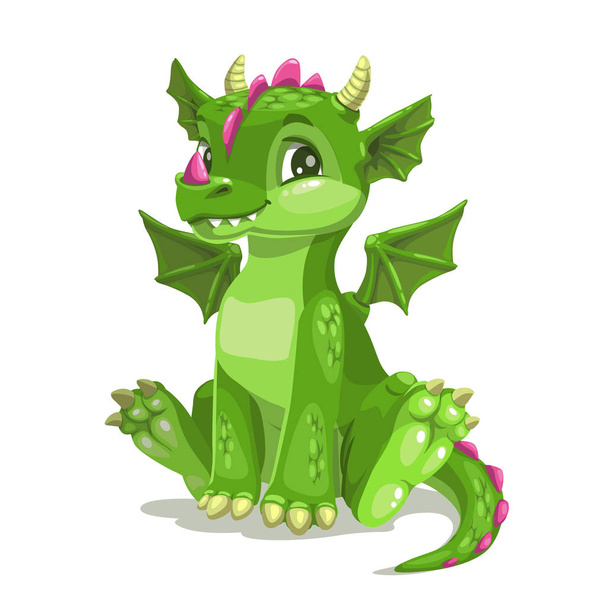 Little cute cartoon green baby dragon. Vector illustration. - Vector, Image