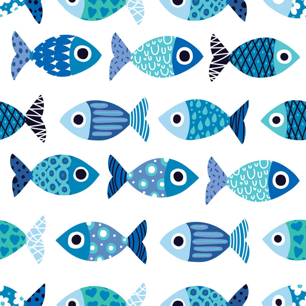 Πολύχρωμο ψάρι. Απρόσκοπτη μοτίβο με χαριτωμένα διακοσμητικά ψάρια. Θαλάσσιο υπόβαθρο. - Διάνυσμα, εικόνα