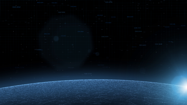 Esfera de red ciberespacial soleada con lente artística, luz de destello y datos de números de computadora aleatorios voladores
.  - Metraje, vídeo
