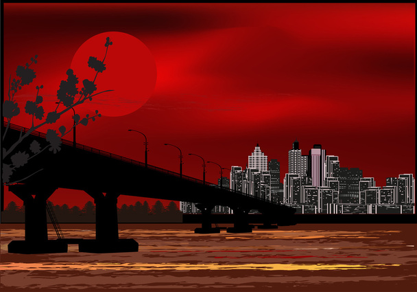 bridge to modern city at red sunset - Vector, Image