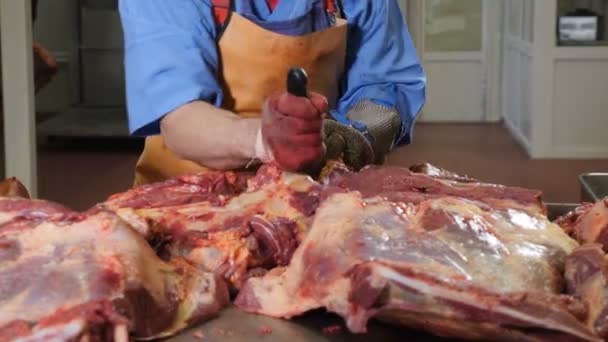 Hentes vágás, friss hús feldolgozása. Húsipari üzem. Kolbászipar. Húsgombóc éles késsel a kezében, amint szétválasztja a húst a csontoktól. 4k - Felvétel, videó