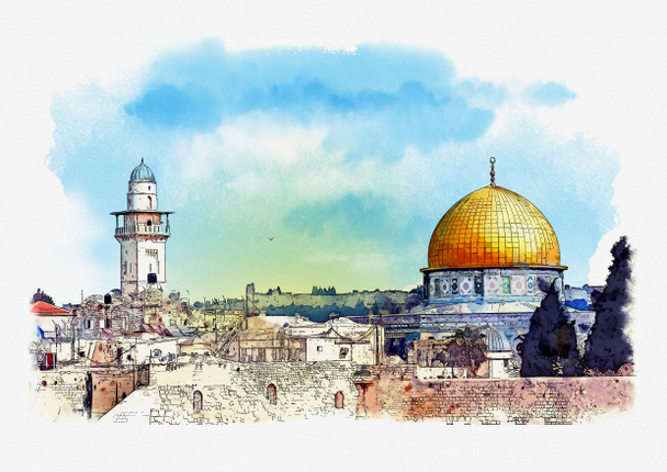 アル アクサ モスクとエルサレムの岩のドーム。水彩スケッチ. - 写真・画像