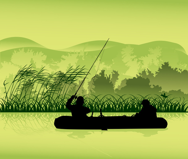 fishermen in boat silhouette on forest lake - Vector, Image