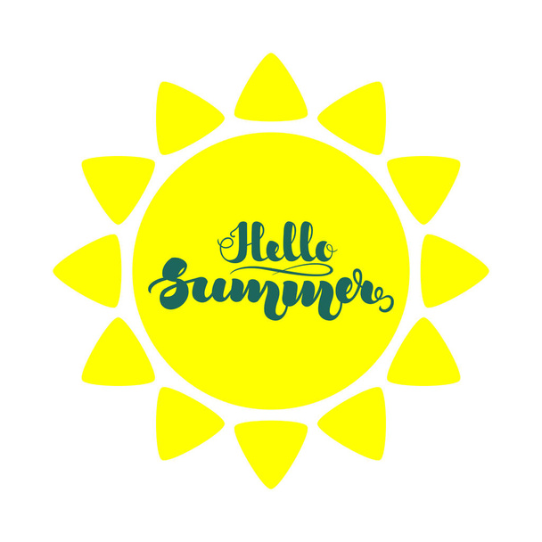 Sun flat icon and handwritten lettering "Hello Summer". Vector illustration isolated on white background. EPS10. - Vector, Image