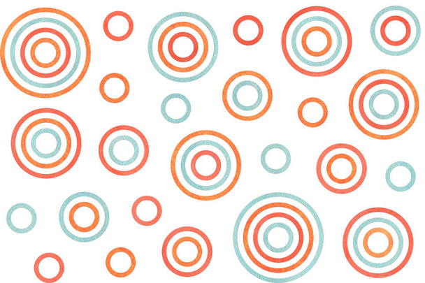 Watercolor salmon red, blue and carrot orange circles on white background. - Photo, Image