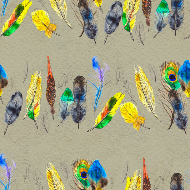 Watercolor feathers seamless pattern. Hand painted texture - Photo, Image