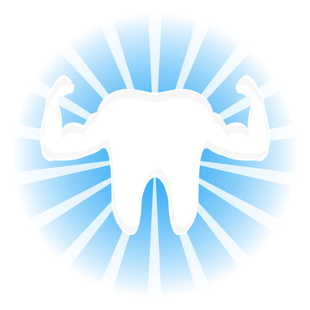 Дизайн сильных надутых мышц здорового зуба на синем фоне
 - Вектор,изображение