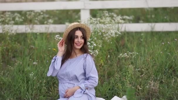 Young pregnant woman sitting in the field and relax. She took a fruit basket. Summer - Footage, Video