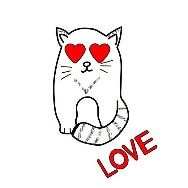 Aranyos macska, és a szó a szerelem. Valentin-napi üdvözlőkártya. Vektoros illusztráció - Vektor, kép