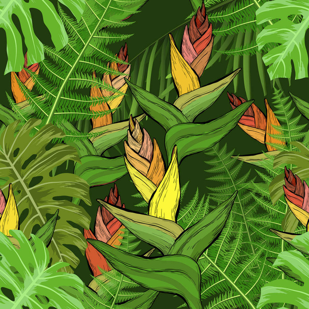 Seamless pattern with tropical flowers and fern leaves - Vektor, kép
