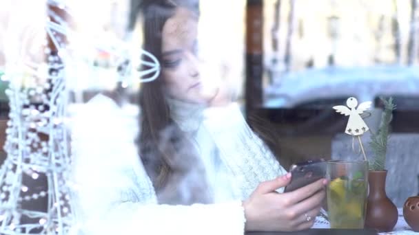 Attractive Young Woman Using Smartphone In Cafe, View Through The Window - Felvétel, videó