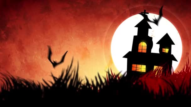 Halloween tła animacji z koncepcją dynie przypuściły, księżyc i nietoperze i Nawiedzony zamek. - Materiał filmowy, wideo