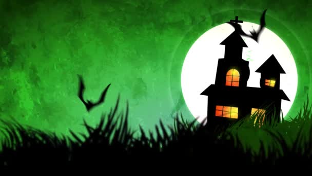 Animazione di Halloween con il concetto di zucche spettrali, luna e pipistrelli e castello infestato
. - Filmati, video
