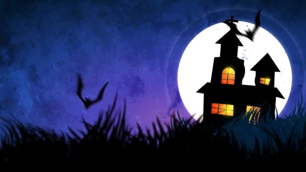 Halloween pozadí animace s konceptem strašidelné dýně, měsíce a netopýry a strašidelný zámek. - Záběry, video