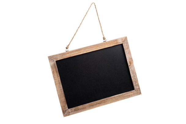 Blank vintage chalkboard with wooden frame and rope for hanging, isolated on white background - Photo, Image