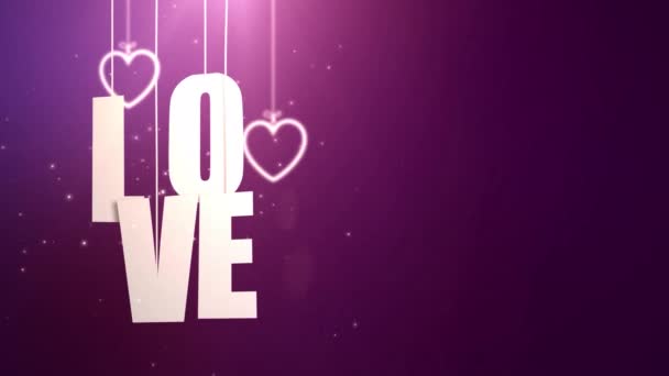 Liefdesbrieven opknoping op tekenreeks vallen aan het plafond met paarse achtergrondkleur - Video