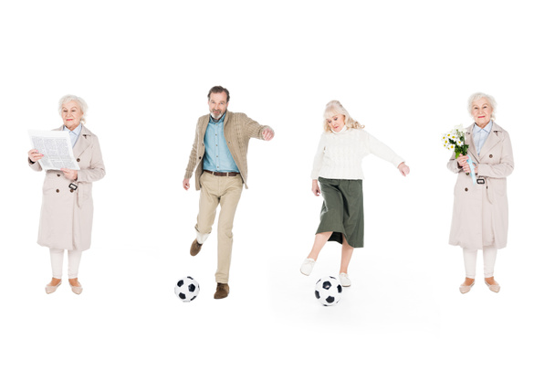 collage van gepensioneerden voetballen in de buurt van vrouwen met bloemen en krant geïsoleerd op wit - Foto, afbeelding