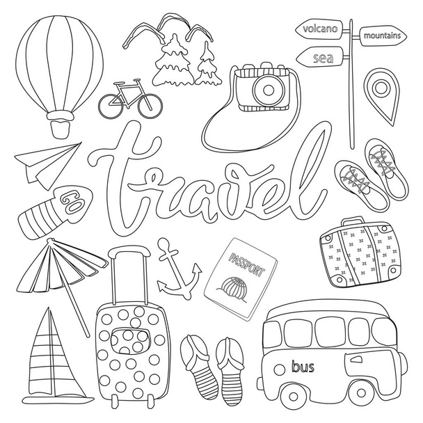 Um conjunto de elementos para viajar, planejar férias de verão, aventura ou viagem de negócios. Ícones de desenhos animados desenhados à mão, objetos turísticos e bagagem de passageiros. Ilustração vetorial
 - Vetor, Imagem