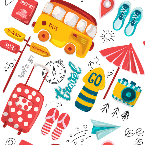 Vector illustration. Seamless journey comic pattern. Planning a summer vacation, adventure or business trip. Objects of tourist and passenger Luggage for Wallpaper, textiles - Wektor, obraz